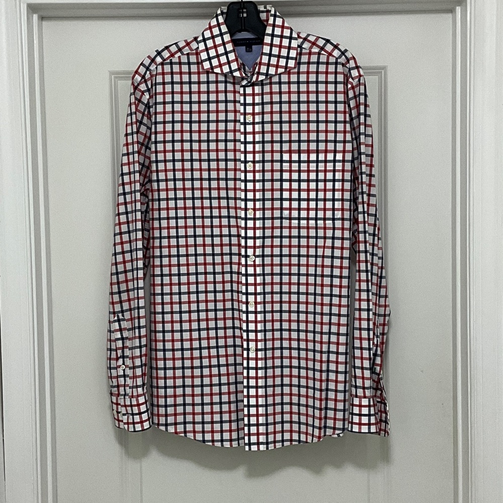Tommy Hilfiger Men's Red and Black Plaid Shirt
